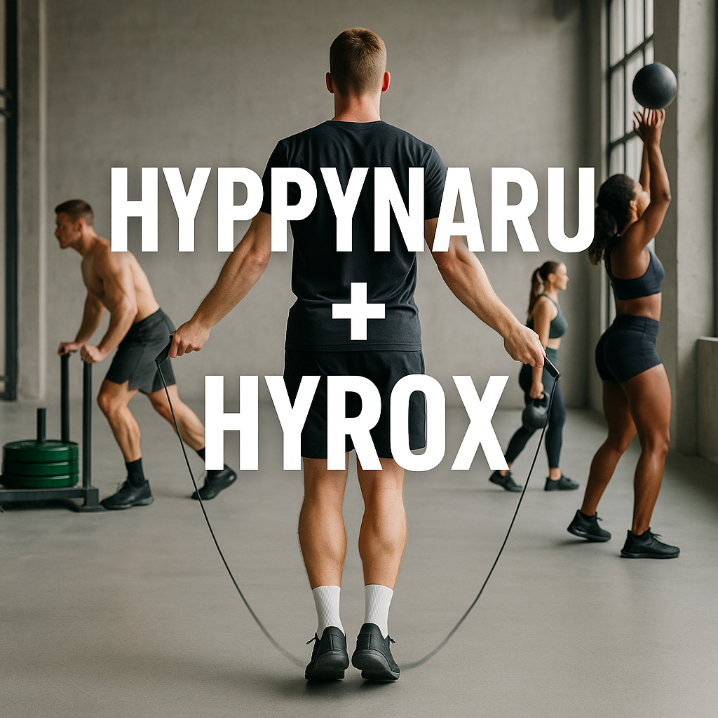 Urheilija hyppää hyppynarulla osana Hyrox-treeniä modernilla salilla, taustalla muita urheilijoita tekemässä Hyrox-harjoituksia kuten kelkan työntöä ja wall ball -heittoja.