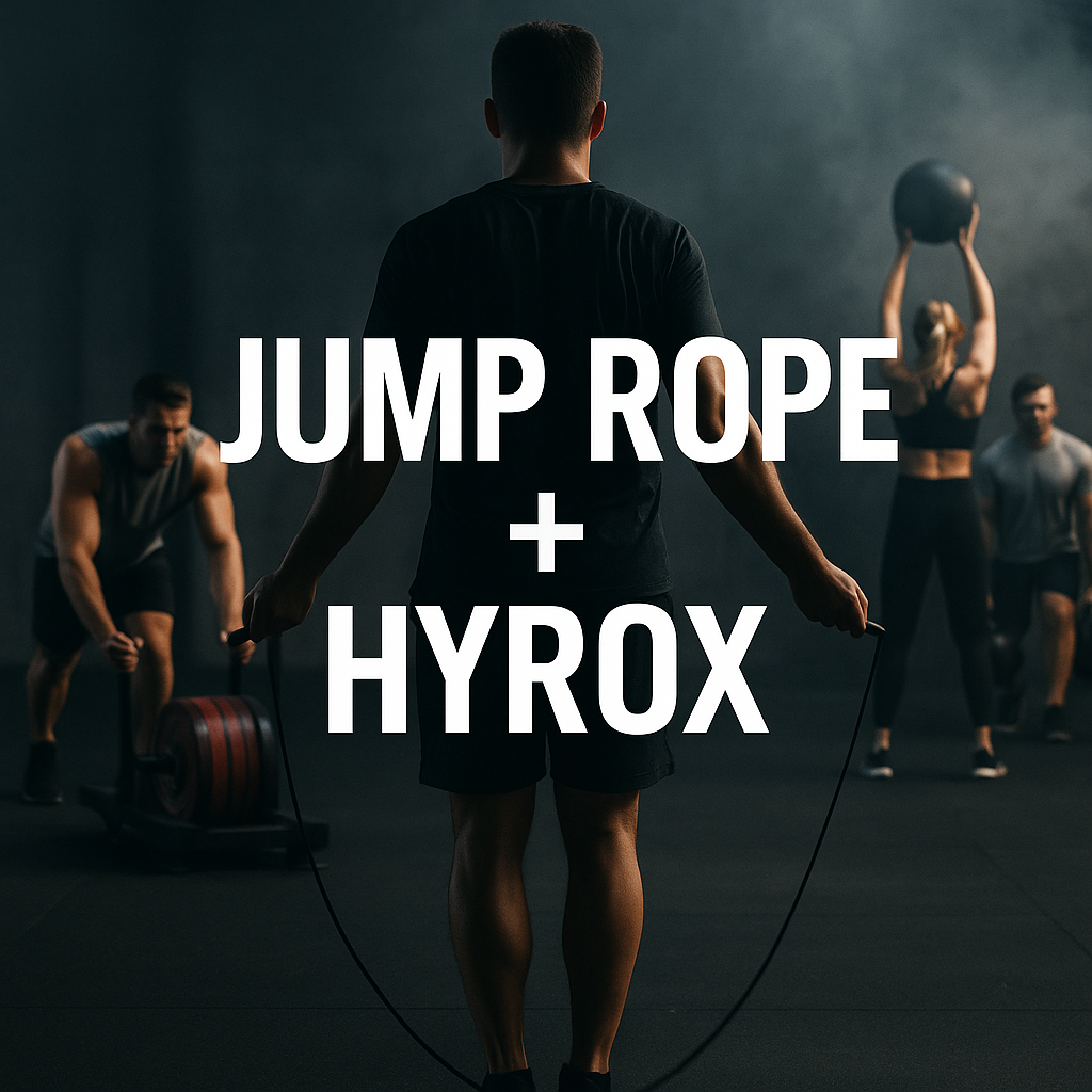 Athlete jumping rope as part of Hyrox training in a dark, smoky gym, surrounded by other competitors pushing sleds and performing wall balls.
