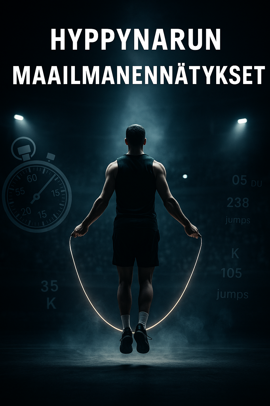 Hyppynaru-urheilija kilpailee tummassa salissa savuisessa tunnelmassa. Kuva symboloi nopeasti kasvavaa hyppynarun kilpailumuotoa, joka tähtää tulevaisuudessa olympialajiksi.